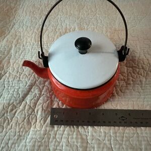 Vintage Orange Enamel Teapot with Black Handle